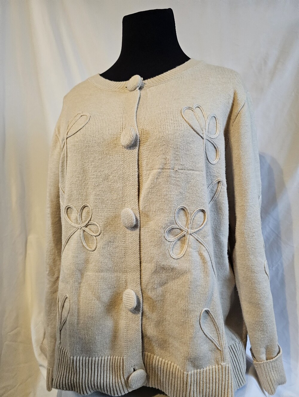 Cream Knit Button-Up Cardigan with Floral Loop Appliqué Medium